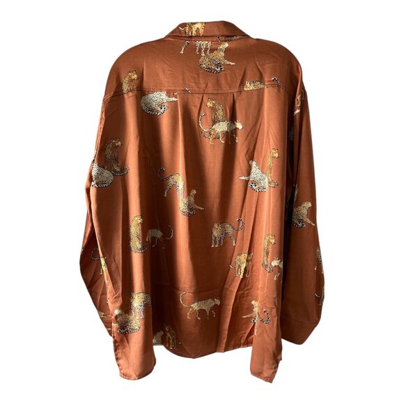r2 Women’s XL Brown Satin Animal Print Button-Front Shirt – Cheetah Pattern – NW - Picture 4 of 8